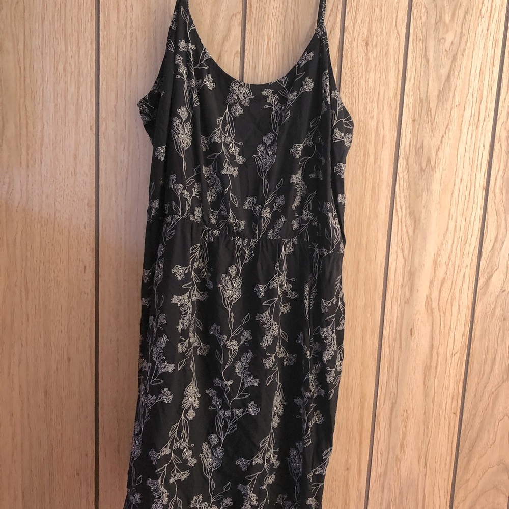 Spaghetti strap black floral dress, mid length, XL